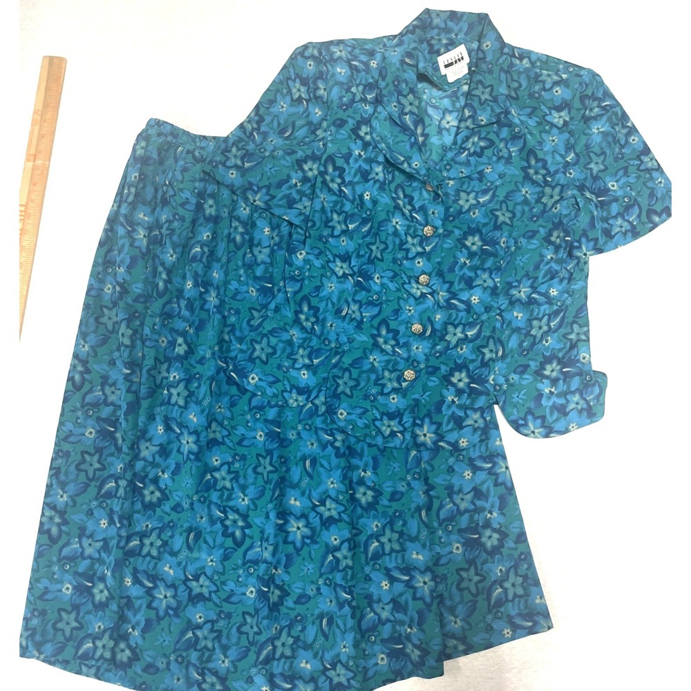 LESLIE FAY VINTAGE 2 Piece Blouse & Skirt Teal Green Blue SIZE 12